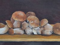Funghi e aglio  Olio su cartone telato - 30 x 60